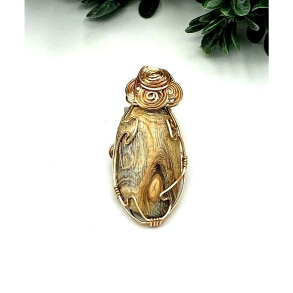 Handcrafted Wire-Wrapped Pendant With Natural Wood Grain Design Unique Artisan J - Picture 2 of 5